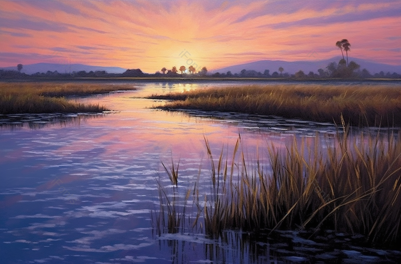 紫色黄色风景画落日余晖湿地水草倒影植物油画家居装饰蓝色云彩倒影波光粼粼,高清,摄影图,摄影图片,图片大全,摄影图免费下载